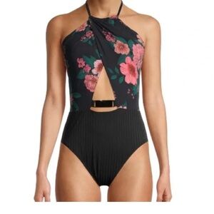 Time and Tru One Piece Black halter floral cutout swimsuit